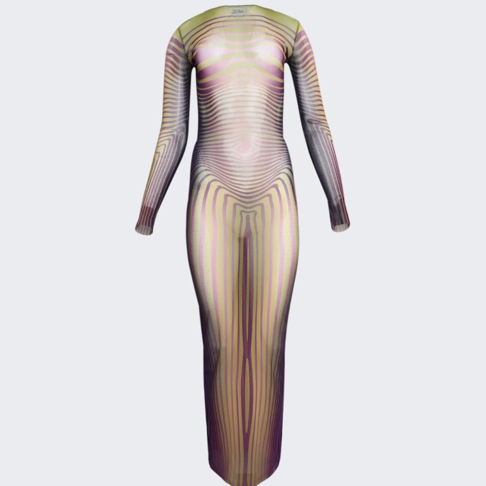 JEAN PAUL GAULTIER Flowers Long Morphing Stripes Dress Purple and Green